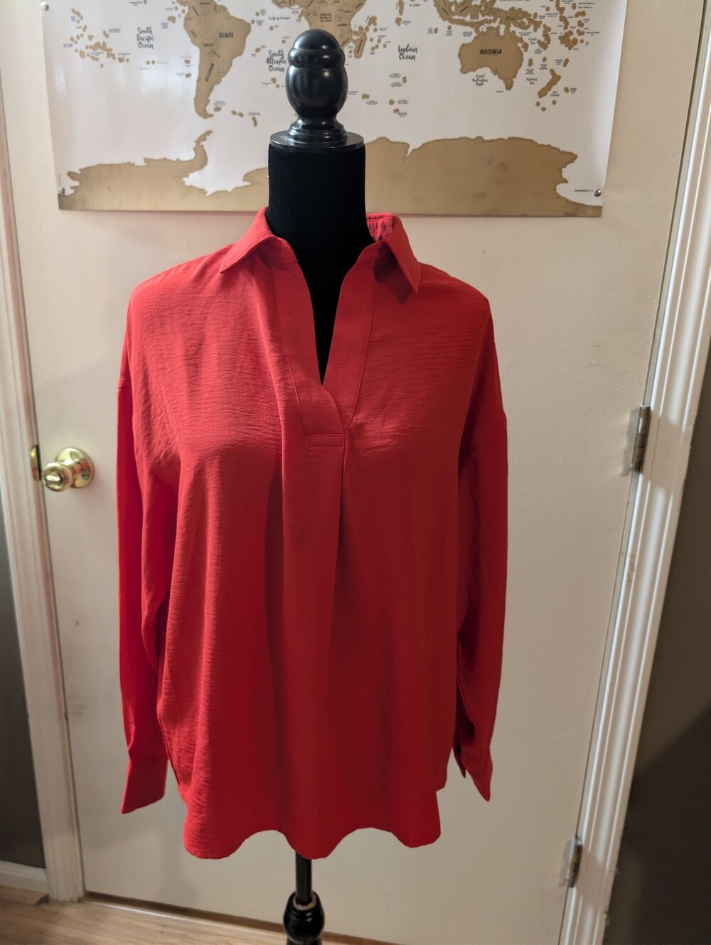 Rafaella True Red Popover Tunic Blouse Size M - Collared V-Neck Long Sleeve Work